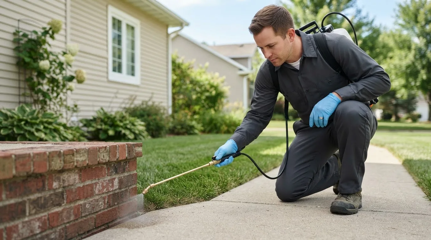 Pest control technician treating a home near East Lynn, IL