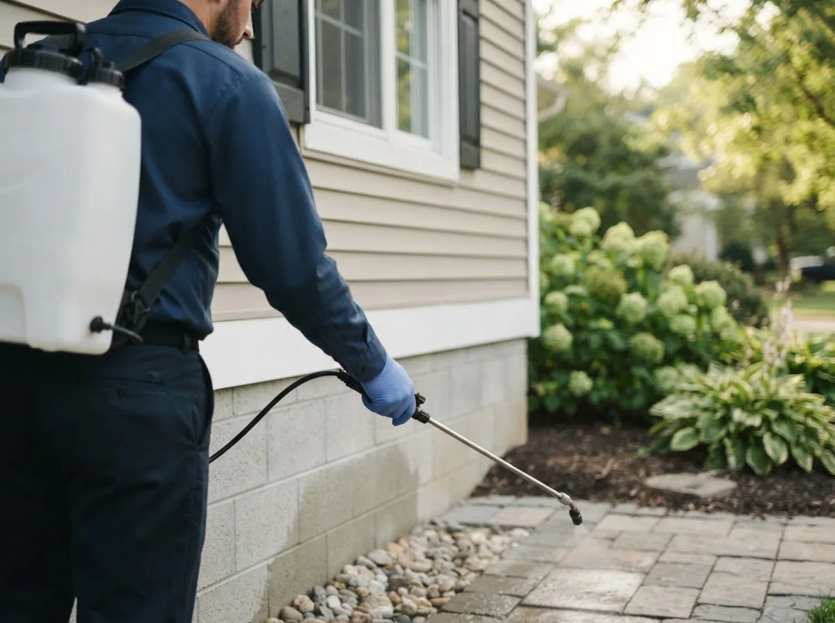 Pest control technician inspecting a home in East Lynn, IL